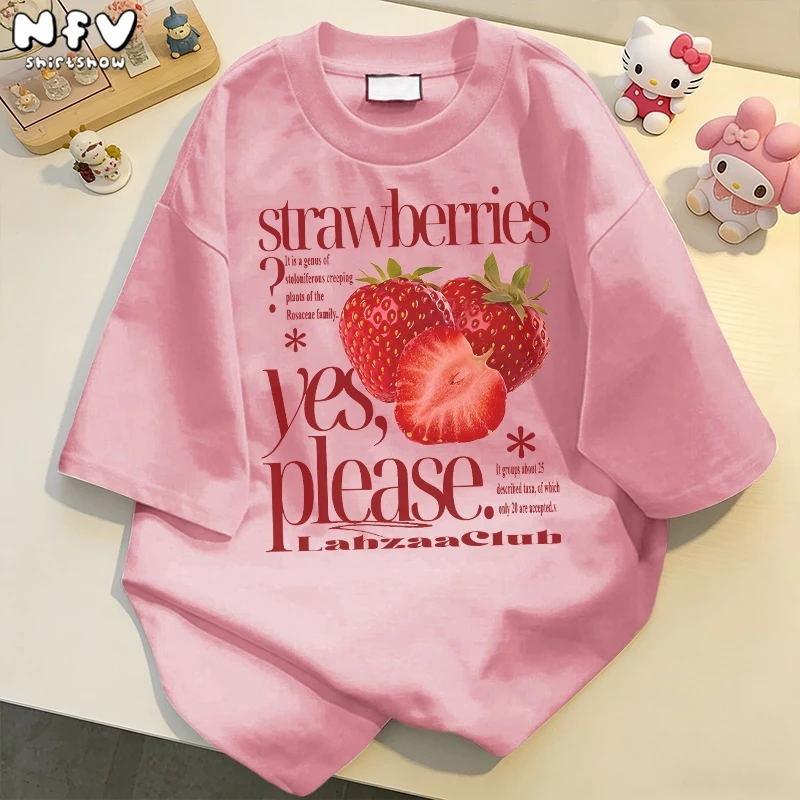NFV แฟชั่นเกาหลี🍒เสื้อยืดแขนสั้นคอกลม ลายสตรอว์เบอร์รี่ oversize ระบายอากาศ ทรงหลวม YG1238
