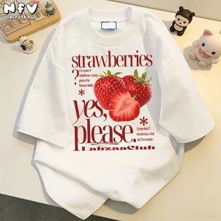 NFV แฟชั่นเกาหลี🍒เสื้อยืดแขนสั้นคอกลม ลายสตรอว์เบอร์รี่ oversize ระบายอากาศ ทรงหลวม YG1238