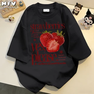 NFV แฟชั่นเกาหลี🍒เสื้อยืดแขนสั้นคอกลม ลายสตรอว์เบอร์รี่ oversize ระบายอากาศ ทรงหลวม YG1238