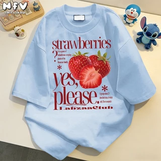 NFV แฟชั่นเกาหลี🍒เสื้อยืดแขนสั้นคอกลม ลายสตรอว์เบอร์รี่ oversize ระบายอากาศ ทรงหลวม YG1238