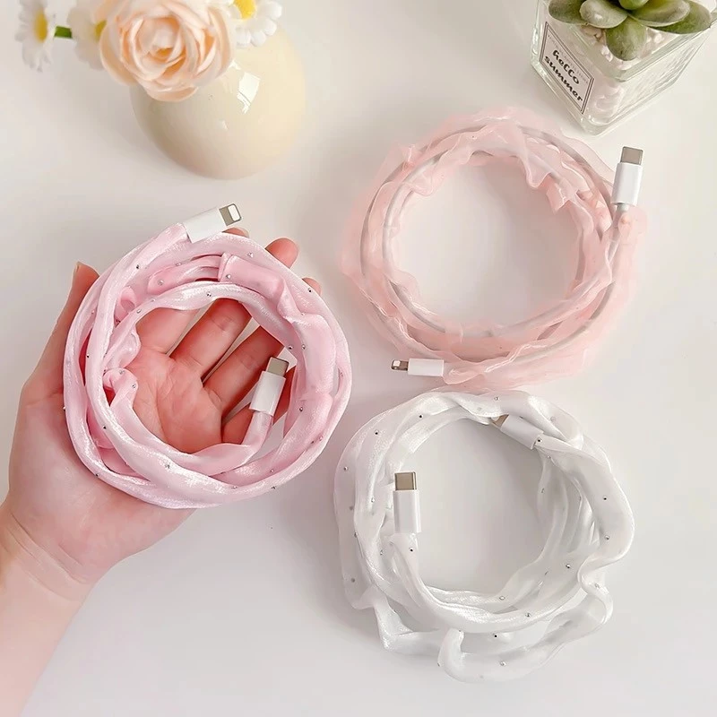 เคสป้องกันสายชาร์จผ้าไหมใหม่พร้อมตัวป้องกันสายเคเบิลตาข่ายเจาะสําหรับสายเคเบิลข้อมูล 1 ม
