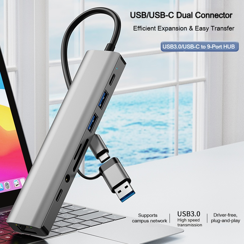 USB C Hub 9 in 1 4K 60Hz PD 100W USB 3.0 SD TF Card Audio สําหรับ MacBook แล็ปท็อป i-Pad โทรศัพท์