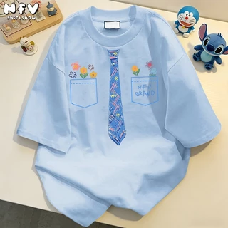 NFV เสื้อยืดแฟชั่นมาแรง ผ้าคอตตอน ลายเนกไทสีฟ้า เหมาะสำหรับสาวอวบ แขนสั้น โอเวอร์ไซซ์ เนื้อนุ่ม ใส่สบาย ใส่แล้วดูผอม YG1349