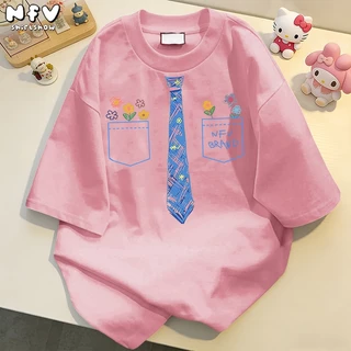 NFV เสื้อยืดแฟชั่นมาแรง ผ้าคอตตอน ลายเนกไทสีฟ้า เหมาะสำหรับสาวอวบ แขนสั้น โอเวอร์ไซซ์ เนื้อนุ่ม ใส่สบาย ใส่แล้วดูผอม YG1349