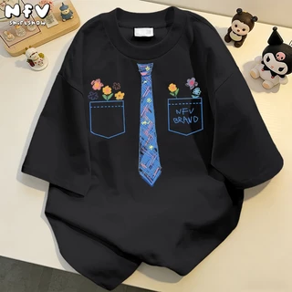 NFV เสื้อยืดแฟชั่นมาแรง ผ้าคอตตอน ลายเนกไทสีฟ้า เหมาะสำหรับสาวอวบ แขนสั้น โอเวอร์ไซซ์ เนื้อนุ่ม ใส่สบาย ใส่แล้วดูผอม YG1349