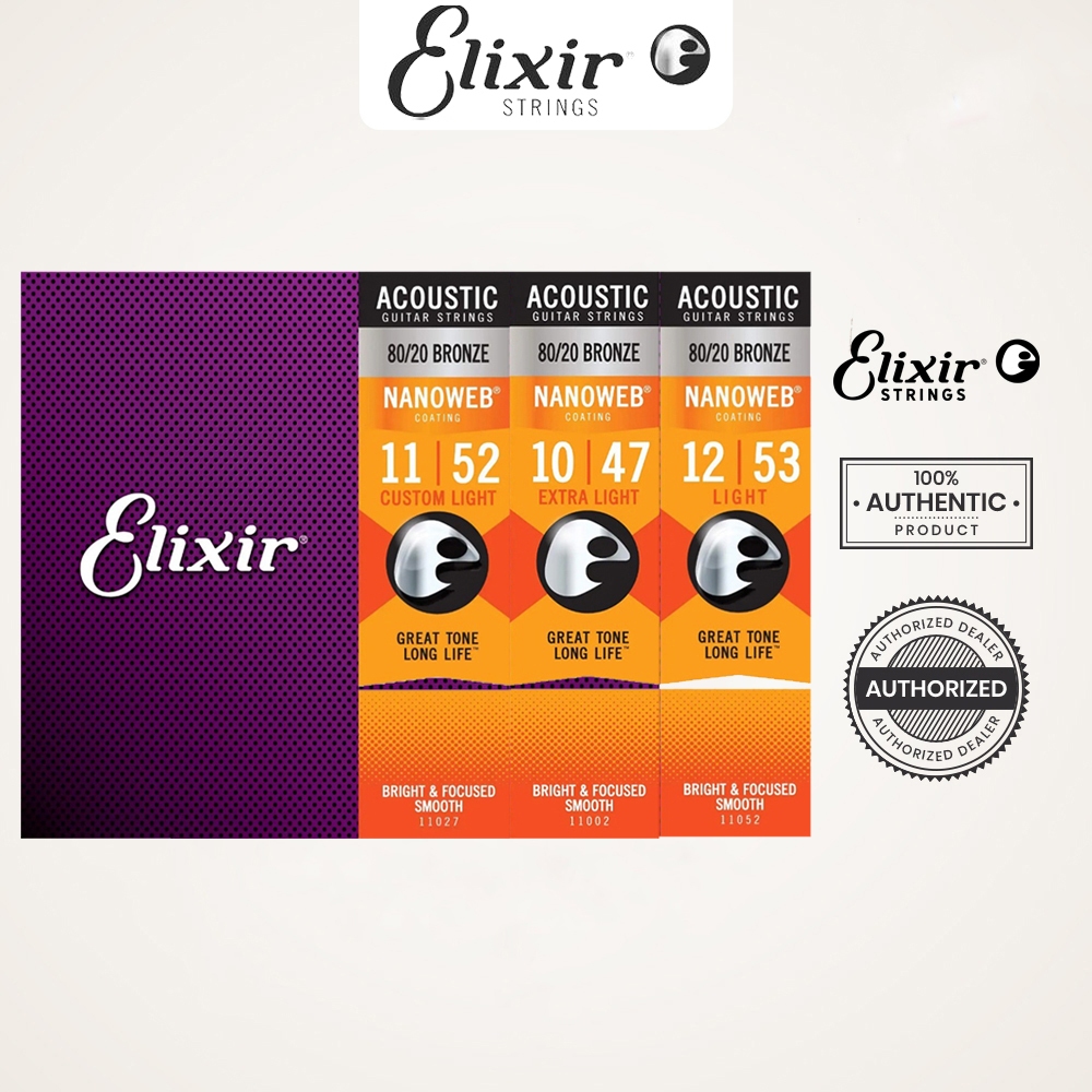 Elixir Acoustic Guitar Strings 8020 Bronze NanoWeb Coating Antirust สายกีตาร์โปร่ง (10-47) 11002 11027 11052 11077