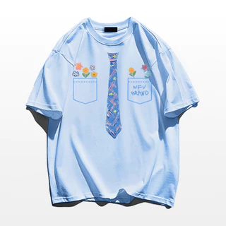 NFV เสื้อยืดแฟชั่นมาแรง ผ้าคอตตอน ลายเนกไทสีฟ้า เหมาะสำหรับสาวอวบ แขนสั้น โอเวอร์ไซซ์ เนื้อนุ่ม ใส่สบาย ใส่แล้วดูผอม YG1349