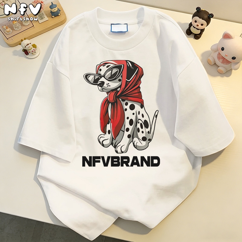 NFV เสื้อยืดแขนสั้นคอกลม💖แฟชั่นเกาหลี ลายพิมพ์หมาใส่หัวโปโล ผ้าฝ้ายแท้ ใส่สบาย ทรงหลวม YG1181