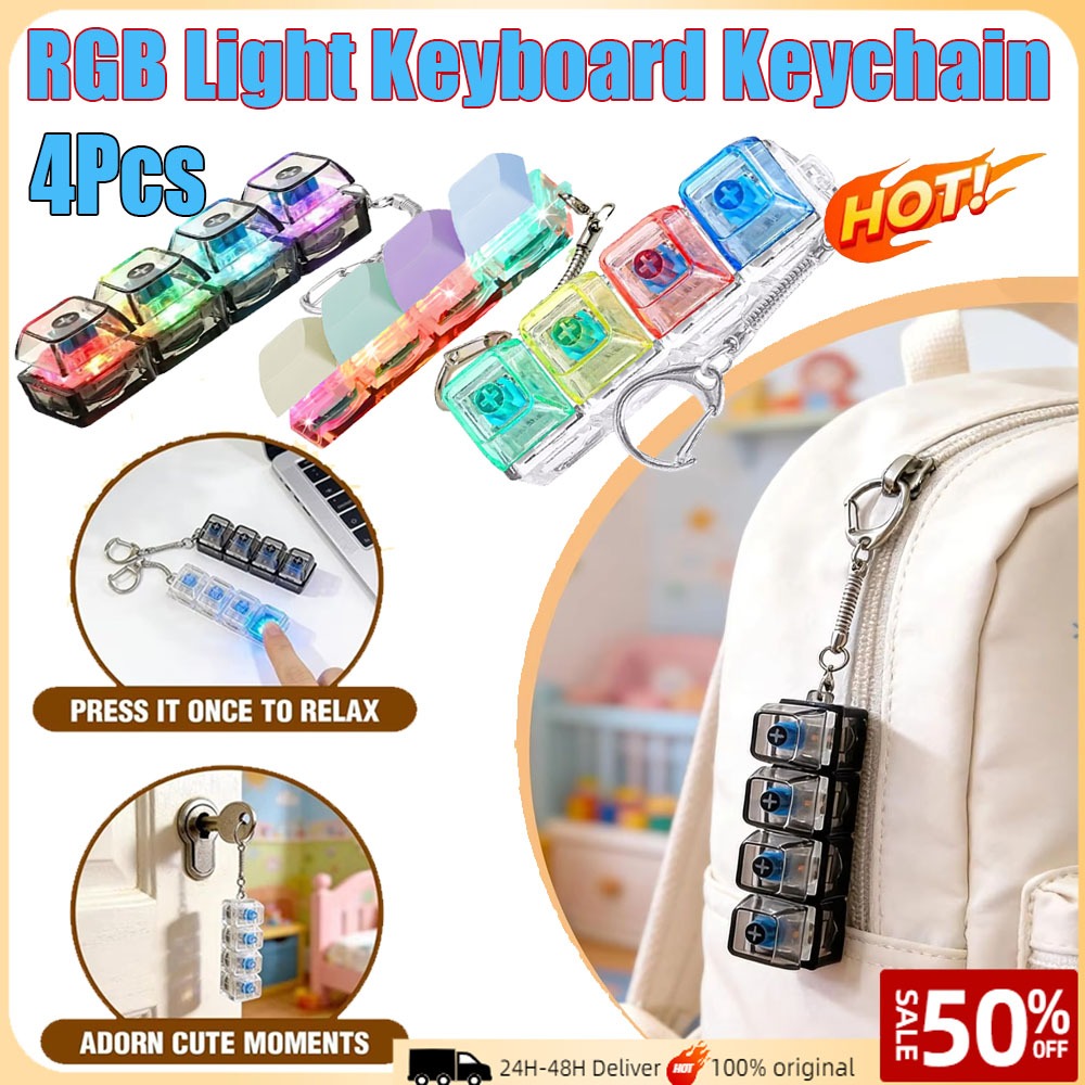 พวงกุญแจคีย์บอร์ดคลิก LED 4 ชิ้น Fidget ของเล่น RGB Light – บรรเทาความเครียดและความวิตกกังวลสําหรับผู้ใหญ่, เด็ก, พวงกุญแจเรืองแสงน่ารักพร้อมเสียงกรอบ