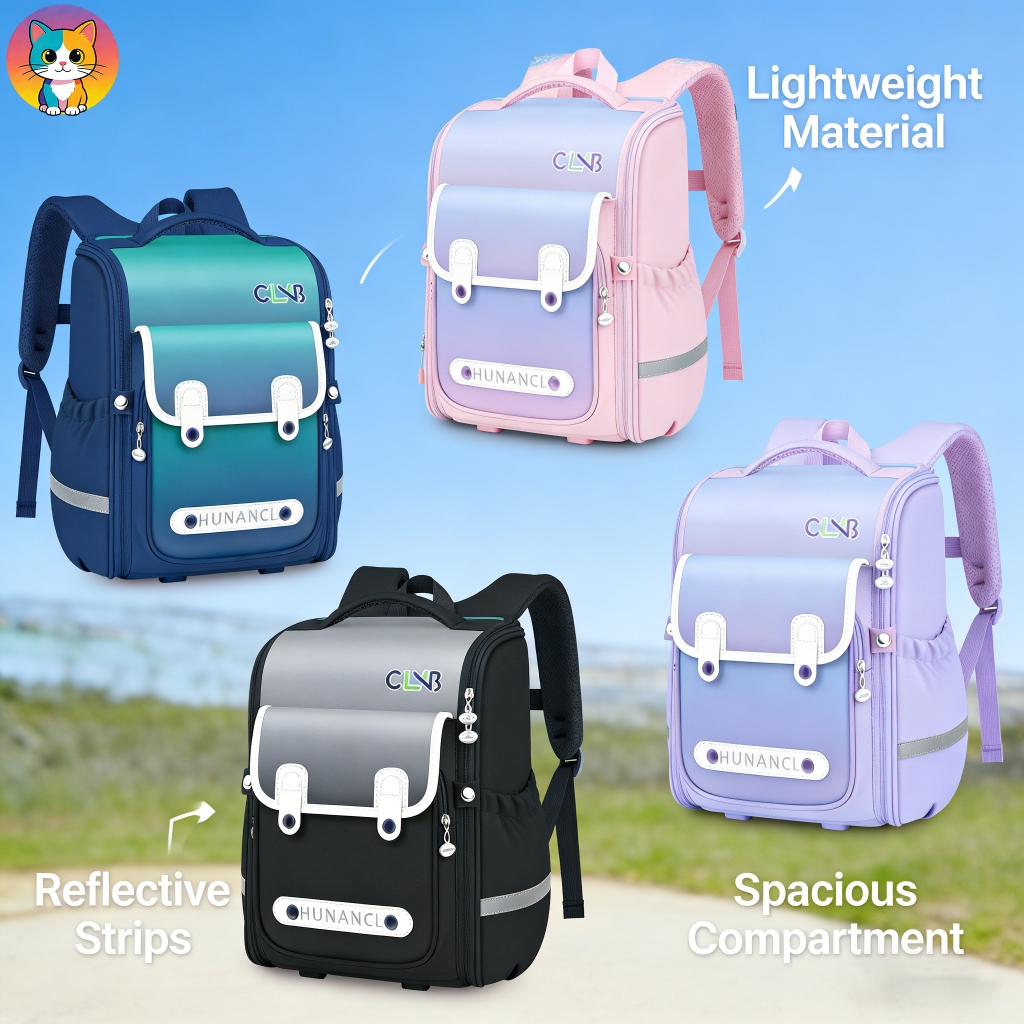 กระเป๋าเป้ดีไซน์ไล่สี สีชมพู ม่วง เขียว และดำ เหมาะสำหรับนักเรียนประถม น่ารัก