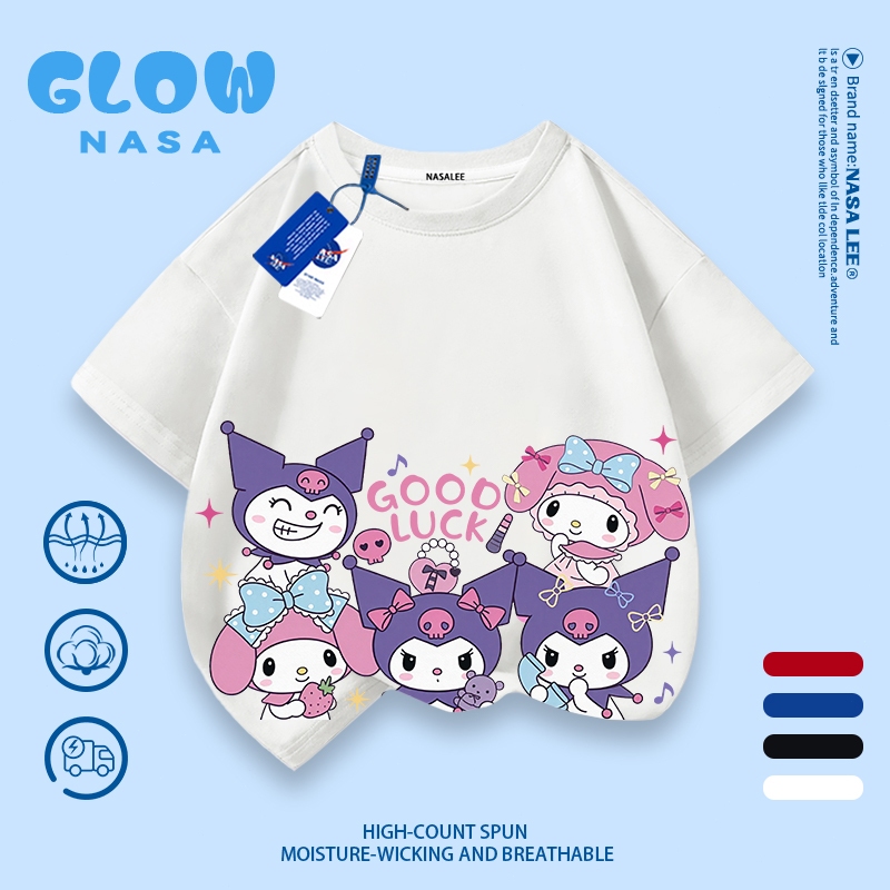 【จัดส่งจากกรุงเทพฯ】เสื้อยืดเด็กผู้หญิง ผ้าคอตตอนสีขาว ลายคุโรมิ ร่วมดีไซน์ NASA อายุ 3-16 ปี แขนสั้นรับประจำฤดูร้อน สวมใส่ได้ทุกที่