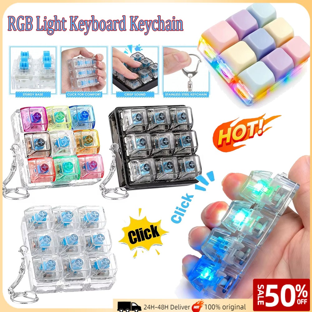 พวงกุญแจคีย์บอร์ดแบบกลไก RGB 9Keys – ของเล่น Clicky Fidget พร้อมไฟ LED, แกดเจ็ตคลายเครียดสําหรับผู้ใหญ่และเด็ก
