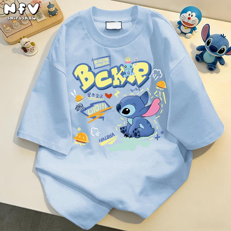 NFV stitch✨พร้อมส่งจากกทม เสื้อยืดแฟชั่นหญิงสไตล์เกาหลี ลายสิ่งมีชีวิตต่างดาวสีน้ำเงินน่ารัก แขนสั้น cotton 100% YG309
