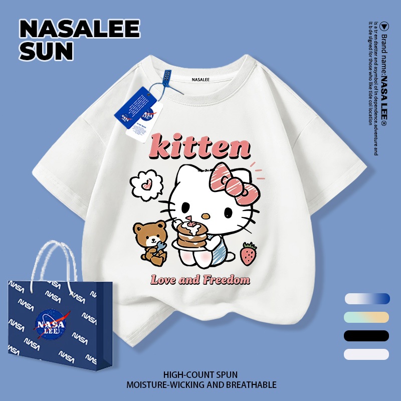 【จัดส่งภายในวันเดียวกัน】 เสื้อยืดผ้าฝ้ายสำหรับเด็ก NASA สีขาว ลายคิตตี้สุดน่ารัก สำหรับเด็กอายุ 3-16 ปี ทั้งเด็กผู้ชายและเด็กผู้หญิง ทรงหลวม