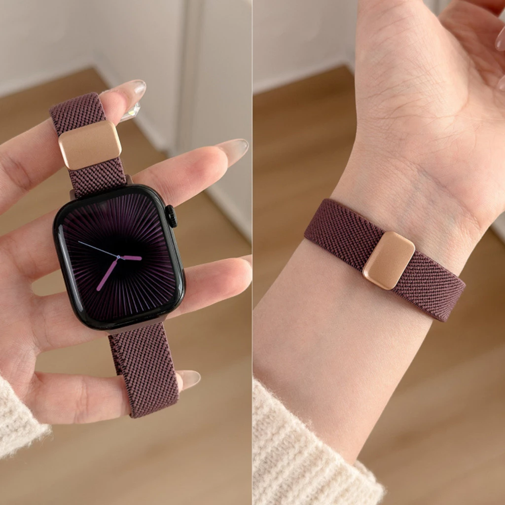 หัวเข็มขัดแม่เหล็กไนลอนความยืดหยุ่นสําหรับ Apple Watch band ผู้หญิง Slim สร้อยข้อมือ Series 11/10/9/8/7/6/5/4/3/2/1 SE 38/40/41/42/44 มม.45 มม.46 มม.49 มม.