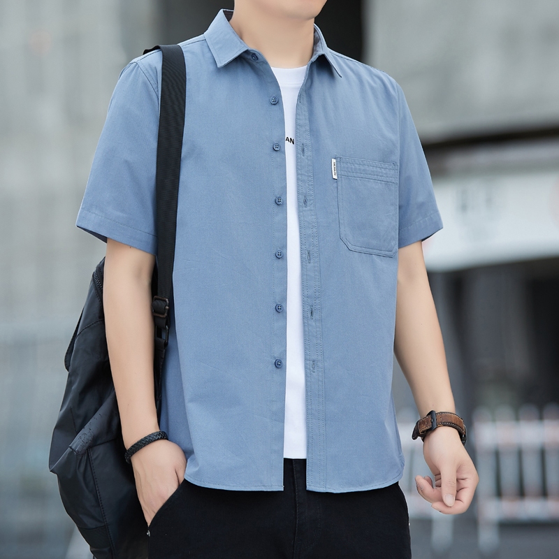 [ผ้าฝ้าย 100%] ฤดูร้อนบางแขนสั้นเสื้อผู้ชายปกดูดซับเหงื่อระบายอากาศธุรกิจสบายๆสีทึบด้านบน