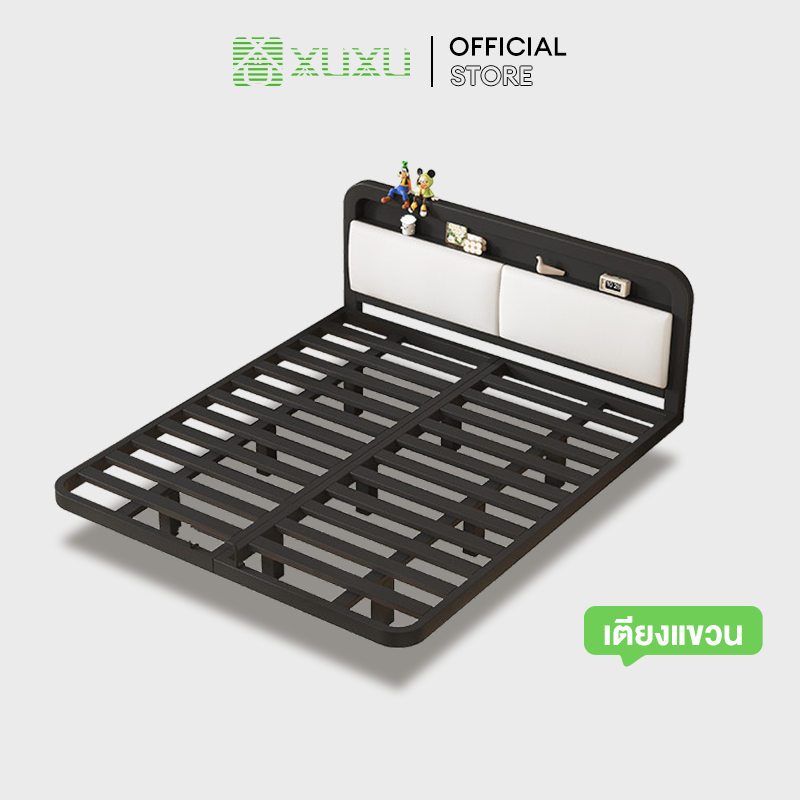 XUXU เตียงเหล็ก หัวเตียงที่นอนนุ่ม พื้นที่จัดเก็บ ดีไซน์แบบลอยตัว 3.5/4/5/6 ฟุต เหล็กกล้าคาร์บอน