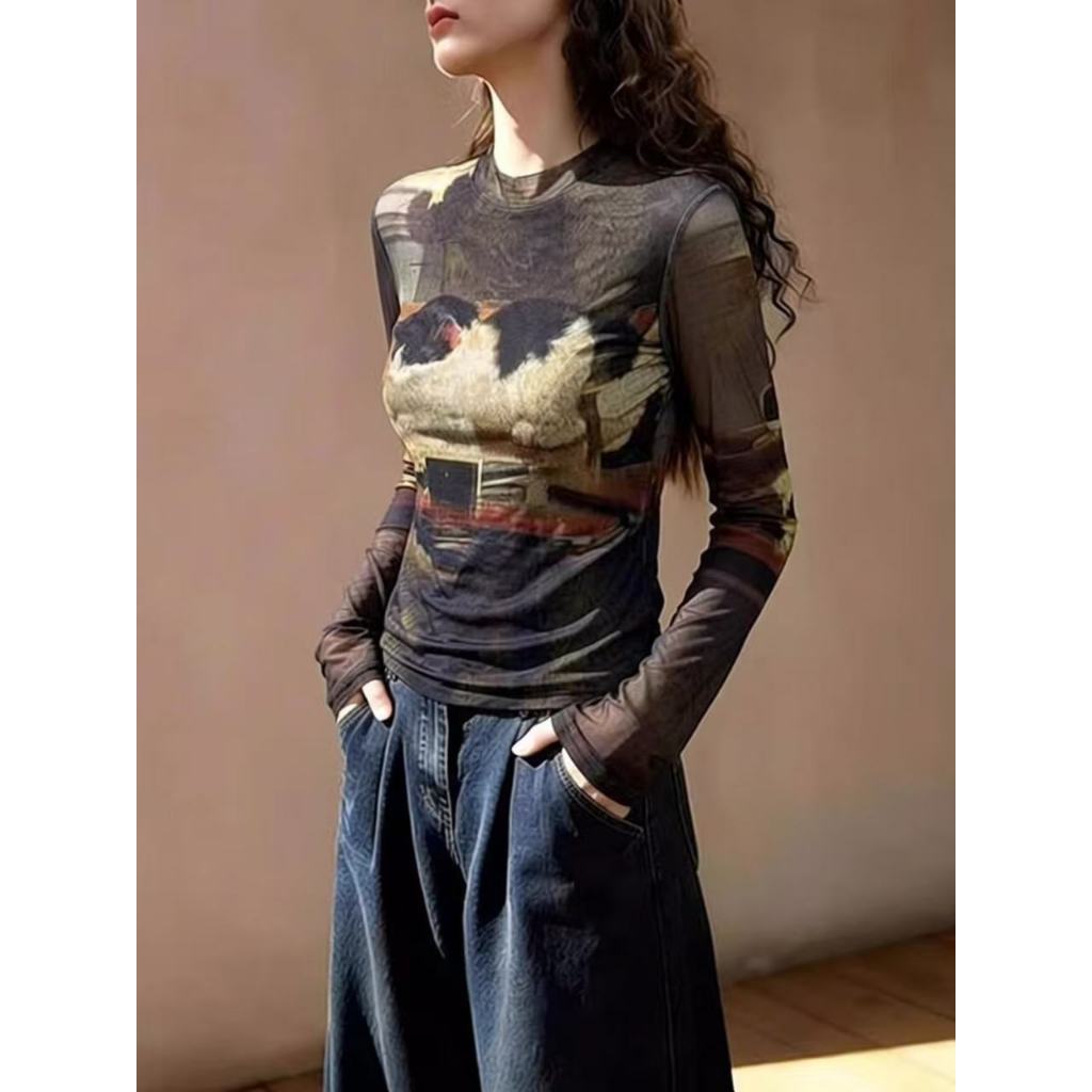 American Retro พิมพ์ยืดตาข่ายเสื้อยืดผู้หญิง 2026 ฤดูร้อนสไตล์ใหม่ของแท้ไหล่บางสไตล์ Slim-fit ตาข่ายด้านบน