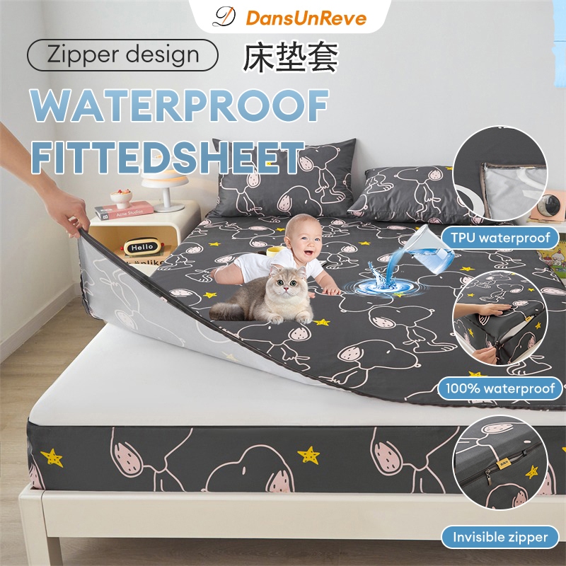 ผ้าปูที่นอนกันน้ำ100% 防水床笠 床垫套 มีซิป กันไรฝุ่น 10นิ้ว Snoopy 5ฟุต 6ฟุต ผ้าปู ซิป bedsheet การ์ตูน พิมพ์ลาย 4ฟุต 6.5ฟุต