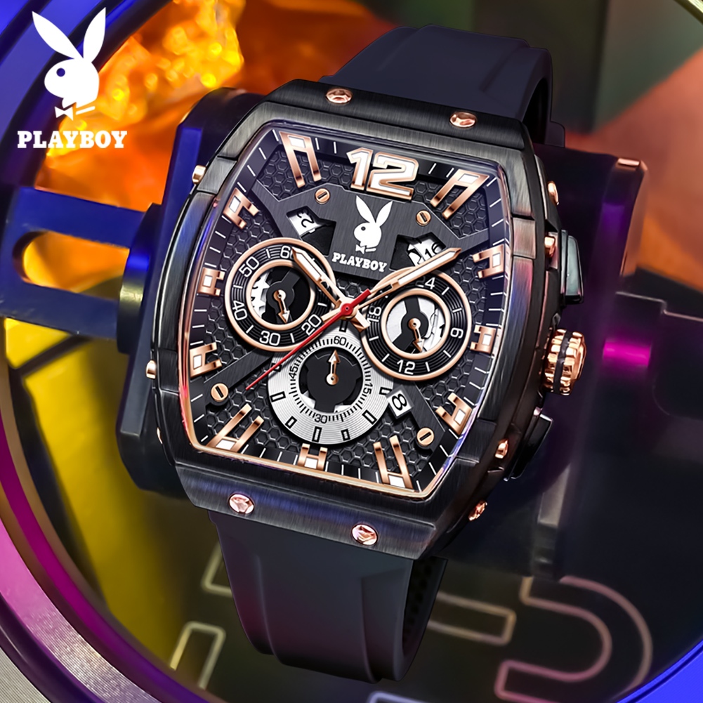 Playboy 3075 Fashion Casual Barrel-Shaped Quartz Watch Luminous Mens Watch (ฟรีกล่องนาฬิกาประณีต)