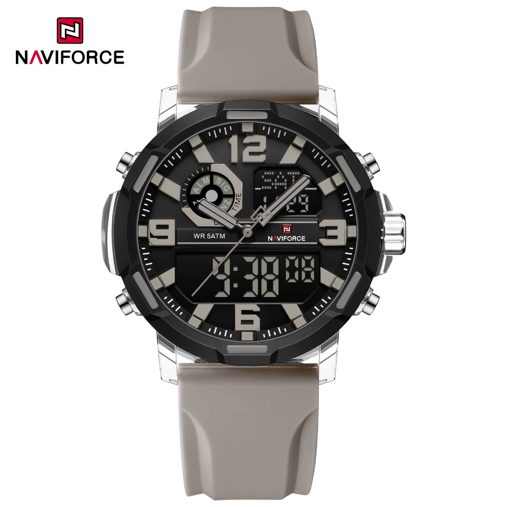NAVIFORCE 7130 กลางแจ้ง Dual Display นาฬิกาผู้ชายสีฟ้าและเงินสไตล์สปอร์ต 50m กันน้ํา Glow-in-the-Dark นาฬิกาอิเล็กทรอนิกส์