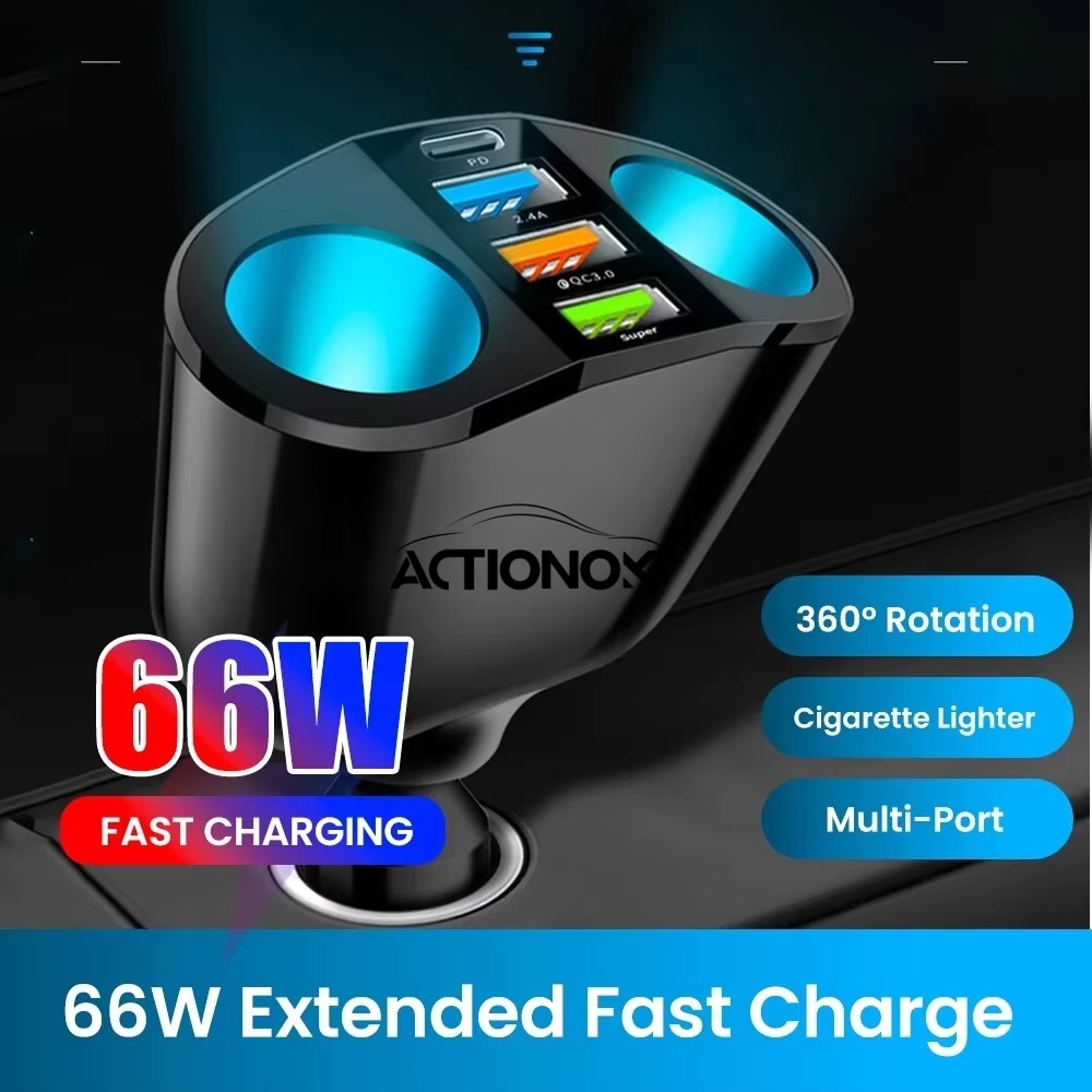 ACTIONOK 66W 3USB Dual Car ที่จุดบุหรี่ PD + QC3.0 ที่ชาร์จแบตในรถ 12V/24V Universal Super Fast Charge Power Adapter จัดแต่งทรงผมในรถยนต์