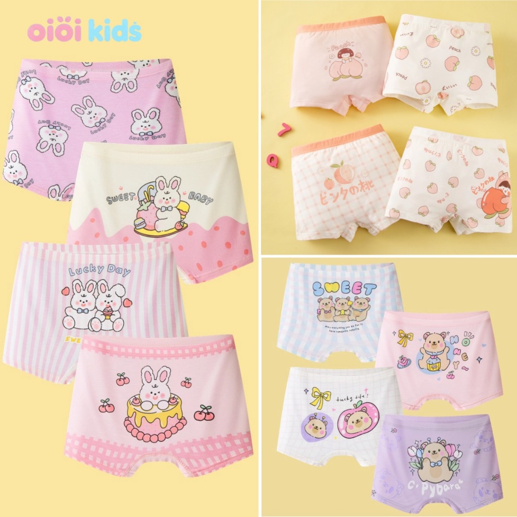 【4 ชิ้น】กางเกงในเด็กผู้หญิง ผ้าฝ้ายแท้/ผ้าใยน้ำแข็ง นุ่มระบายอากาศดี ลายน่ารัก 10A กันแบคทีเรีย (ไซส์ 2-14 ปี) สำหรับทุกวัน