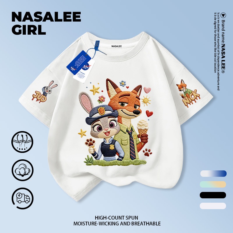 【จัดส่งจากกรุงเทพฯ】 เสื้อยืดผ้าฝ้ายสำหรับเด็ก NASA สีขาว ลายการ์ตูนจิ้งจอกและกระต่ายที่แขนเสื้อ สำหรับเด็กอายุ 3-16 ปี ทั้งเด็กผู้ชายและเด็กผู้หญิง ทรงหลวม