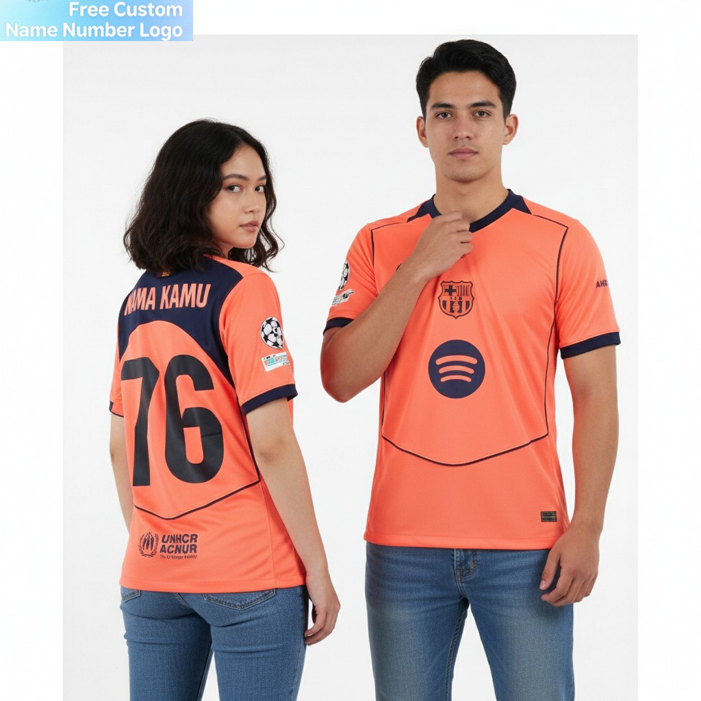 เสื้อฟุตบอลลายพิมพ์เต็มตัว พร้อมชื่อและหมายเลขกำหนดเอง สีส้ม สำหรับฤดูกาล 2025-2026 UCL & La Liga