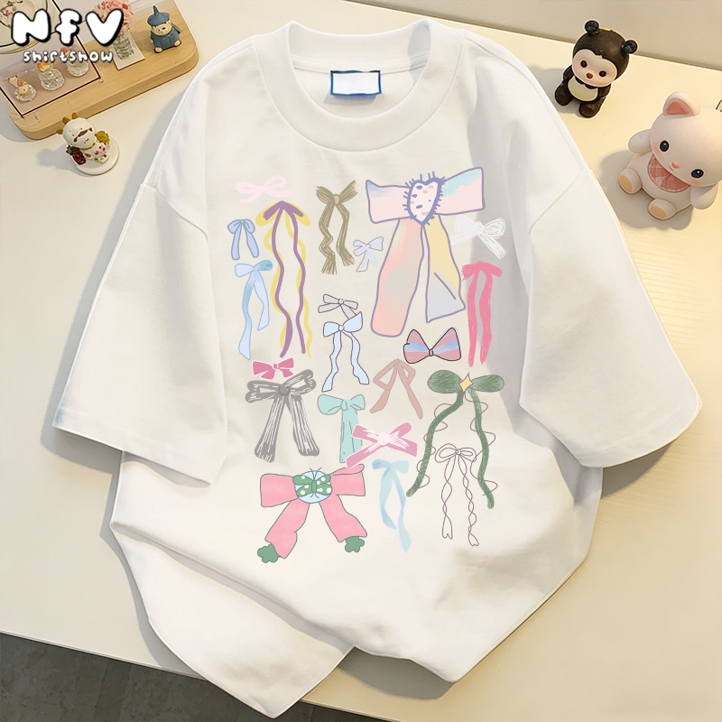 NFVใ หม่ล่าสุด✨ลายพิมพ์โบว์สีชมพู เสื้อยืดผู้หญิงoversized ผ้าฝ้ายแท้ ระบายอากาศ YG787 ราคา ถูกที่สุด ดีลบีเคเค แกลเลอรีภาพที่ 6