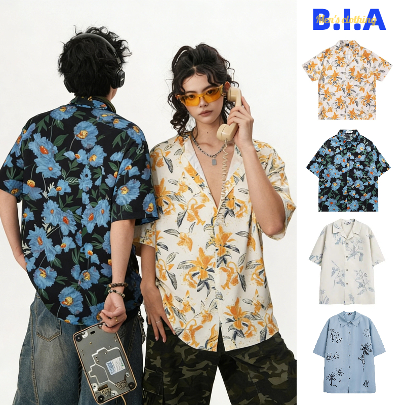 ✨BIA✨ เสื้อเชิ้ตแขนสั้นผู้ชาย ลายดอก เสื้อเชิ้ตสไตล์เรโทรอเมริกัน พิมพ์ลาย ฮาวาย ลำลอง ทรงหลวม ใส่ได้หลายแบบ เหมาะสำหรับใส่ไปทะเล ใส่เป็นคู่ได้ เสื้อท่อนบน มีหลายสีให้เลือก  เทศกาลสงกรานต์ M-XL