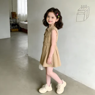 Princess kesli เดรสเด็ก สไตล์เกาหลี แขนกุด กับเข็มขัด ชุดเด็กหญิง จีบกระโปรง เสื้อกั๊กกระโปรง 2-9 ปี