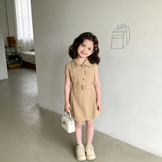 Princess kesli เดรสเด็ก สไตล์เกาหลี แขนกุด กับเข็มขัด ชุดเด็กหญิง จีบกระโปรง เสื้อกั๊กกระโปรง 2-9 ปี