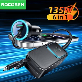 Rocoren 135W ที่ชาร์จแบตในรถ 6 in 1 USB C PD ที่ชาร์จโทรศัพท์ในรถยนต์แบบชาร์จเร็วพร้อม Cale แบบยืดหดได้