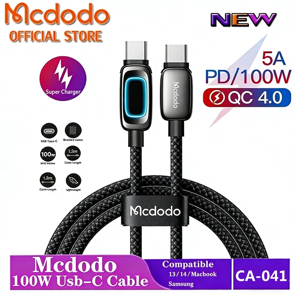Mcdodo 100 PD Fast Charging สาย USB-C to USB-C พร้อม LED Nylon Braided CA-041