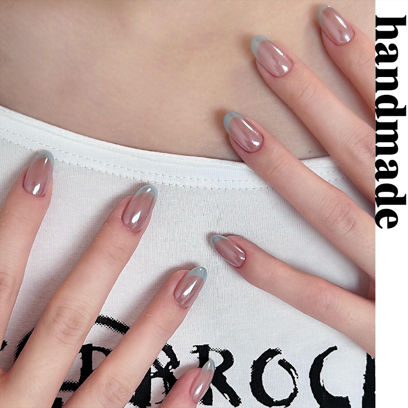 กดบนเล็บทําด้วยมือ Haili Aurora Nude French Pure handmade สวมใส่เล็บทุกวันอารมณ์ High-End Hand-Made เล็บเล็บปลอม