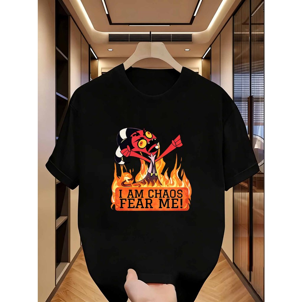 "I AM CHAOS FEAR ME" Helluva Boss เสื้อยืดการ์ตูน Kawaii Anime Demon Graphic แขนสั้นสบายๆสีดํา Tee S