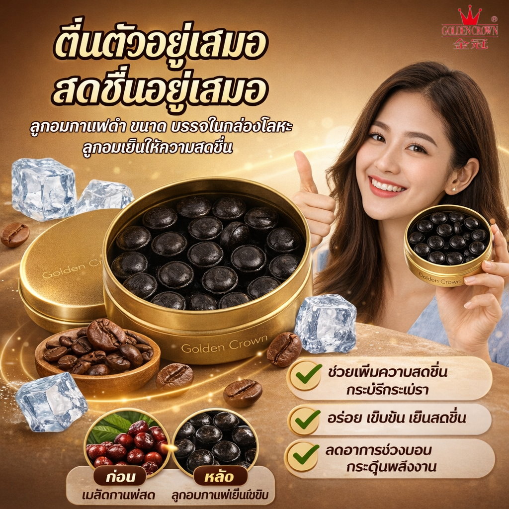 👑Golden-Crown👑ลูกอมกาแฟดำเย็นซ่า รสชาติกาแฟดำพรีเมี่ยม Coffee Shot ลูกอมกาแฟ  (กระป๋อง 88 กรัม)