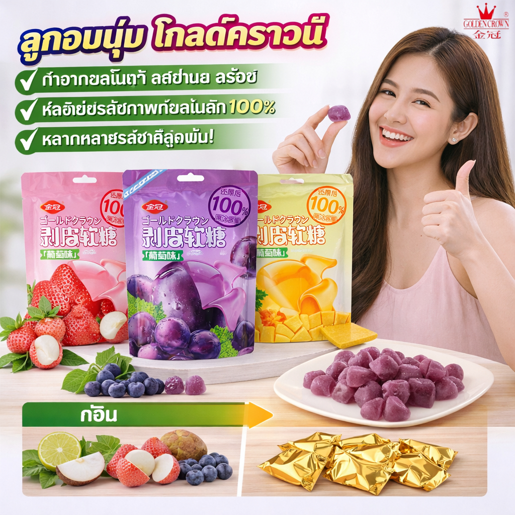 👑Golden-Crown👑กัมมี่ผลไม้ปอกเปลือกได้-รสองุ่น, รสมะม่วง, รสลำไยลาวา  ไส้น้ำผลไม้ พร้อมผิวด้านนอกปอกได้ (ถุงยืน-ถุงละ 75 กรัม)