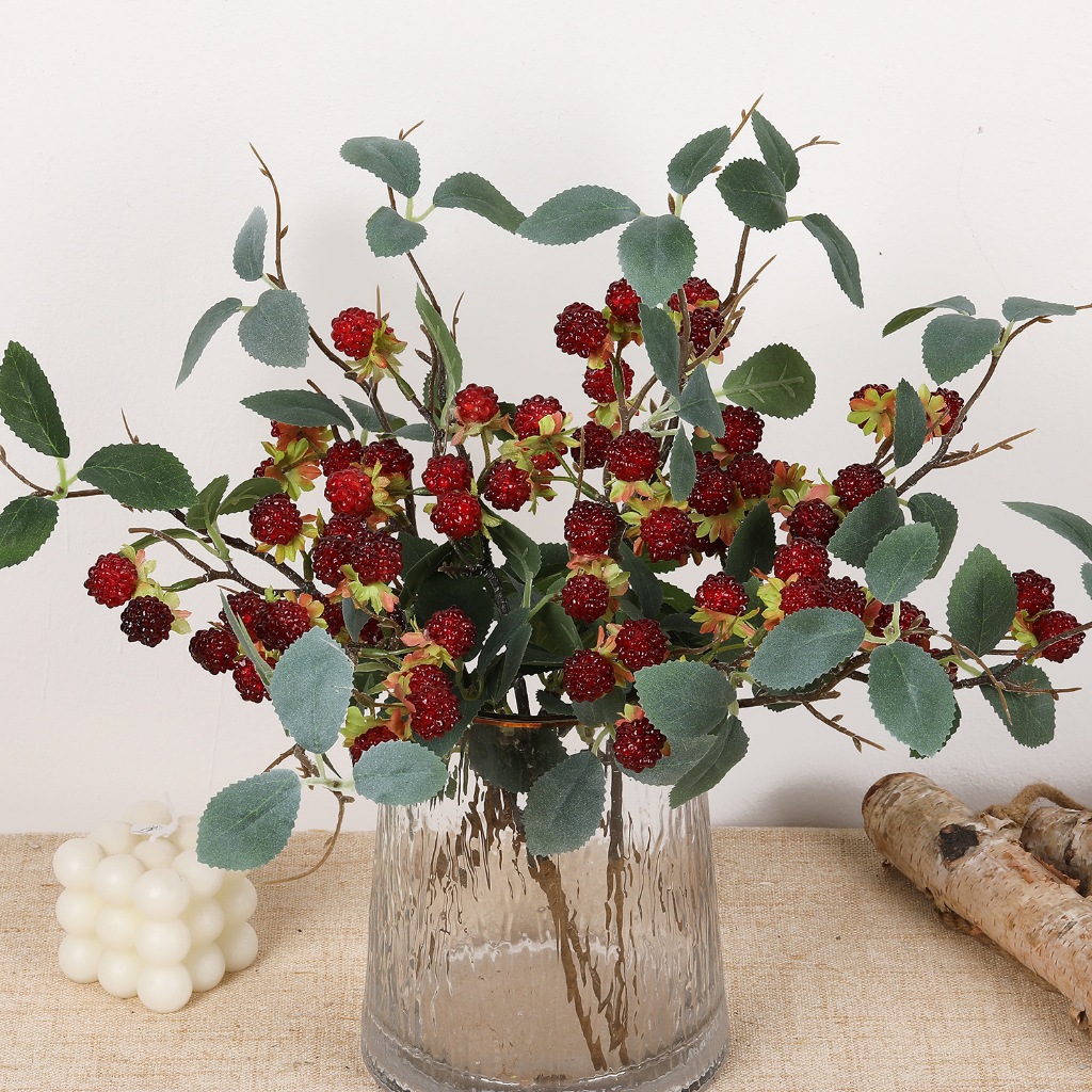พืชจําลองราสเบอร์รี่สีแดงเบอร์รี่หม่อนผลไม้ดอกไม้ปลอมบ้านหลายเครื่องประดับห้องชาดอกไม้ตกแต่งดอกไม้