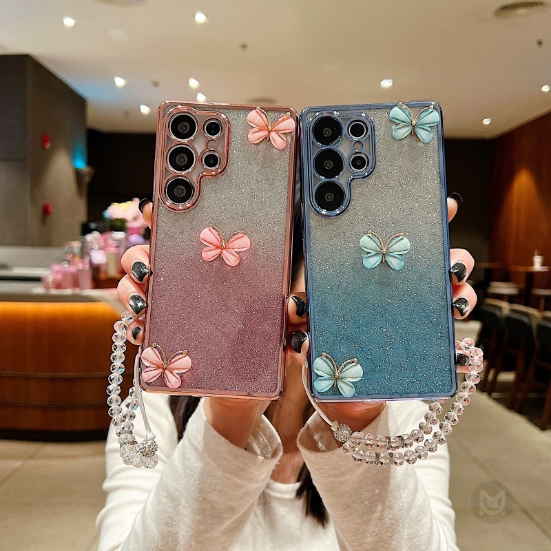 ปลอกสําหรับ OPPO Reno 13 12 11 Pro 11F 12F 13F 8T 3D ผีเสื้อ Bling Glitter Lanyard ซิลิโคนโทรศัพท์กลับกรณี