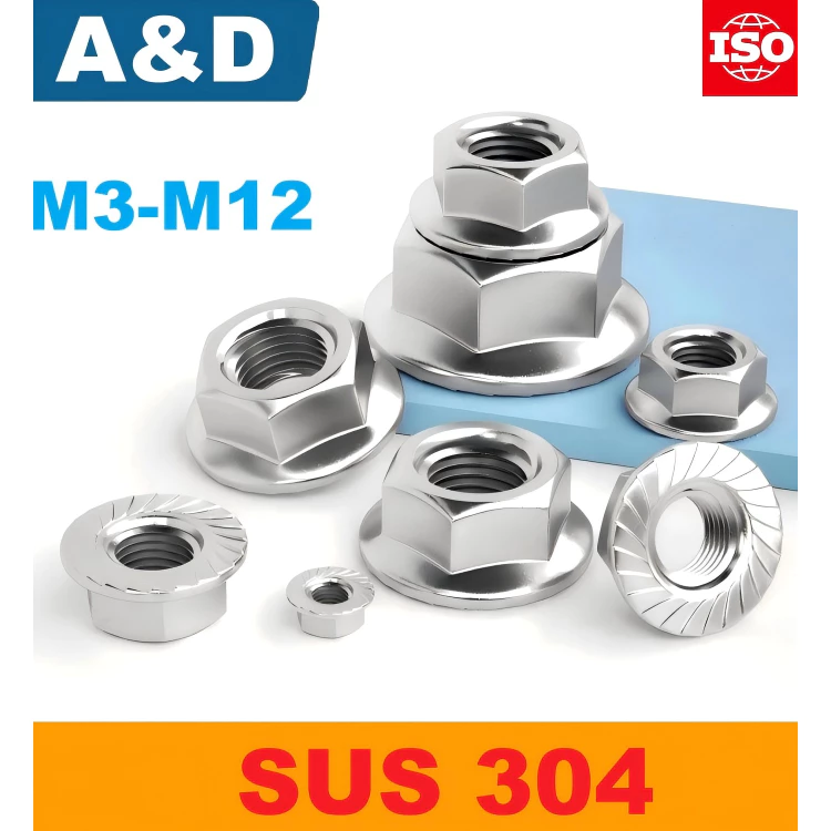 A&D หัวน็อตจาน (Hexagon Flange Nut) สแตนเลส 304 มาตรฐาน เป็นน็อตตัวเมียหกเหลี่ยมแบบมีแหวนในตัว พื้นหน้าแปลนเป็นแบบหยาบ (Serration) ช่วยล็อคแน่น (Flange) ช่วยกระจายแรงกดได้กว้างขึ้น เหมาะสำหรับงานเหล็กและงานโครงสร้างทั่วไป กระจายแรงกดได้ดีโดยไม่ต้องใช้แหวน
