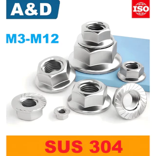 A&D หัวน็อตจาน (Hexagon Flange Nut) สแตนเลส 304 มาตรฐาน เป็นน็อตตัวเมียหกเหลี่ยมแบบมีแหวนในตัว พื้นหน้าแปลนเป็นแบบหยาบ (Serration) ช่วยล็อคแน่น (Flange) ช่วยกระจายแรงกดได้กว้างขึ้น เหมาะสำหรับงานเหล็กและงานโครงสร้างทั่วไป กระจายแรงกดได้ดีโดยไม่ต้องใช้แหวน