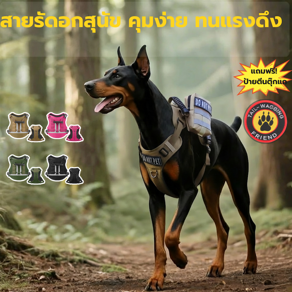 สายรัดอกสุนัข Tactical สุนัขพันธุ์ใหญ่ คุมง่าย แข็งแรง ระบายอากาศ ปรับได้ แถบสะท้อนแสง