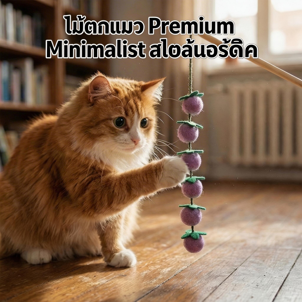ไม้ตกแมวพรีเมียม ไม้ล่อแมวด้ามไม้แท้ พันไหมพรม สไตล์มินิมอล ทนทาน ไม่หลุดง่าย ของเล่นแมว
