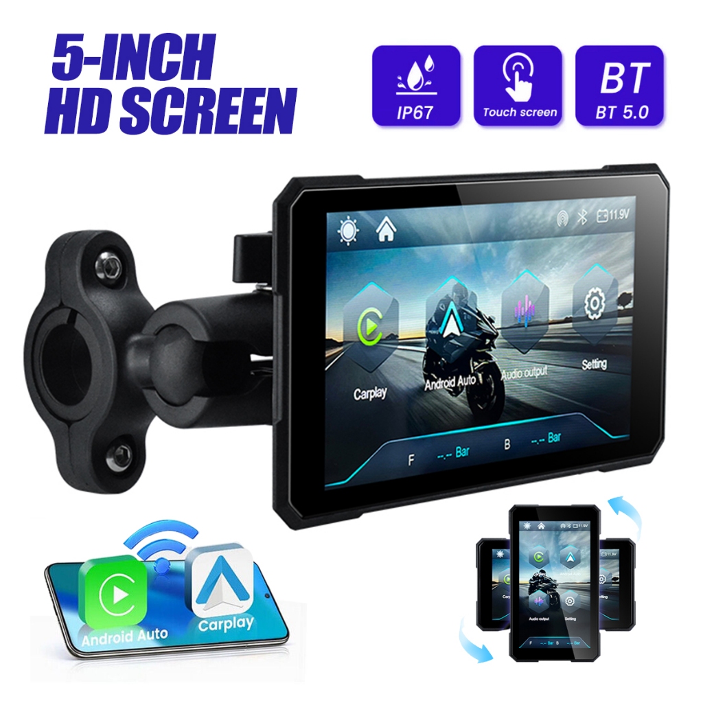 การนําทางรถจักรยานยนต์ 5" HD IPS, 800 Nits, กันน้ํา IP67, หมุนได้ & Quick-Release, Wireless CarPlay/Android Auto Type-C