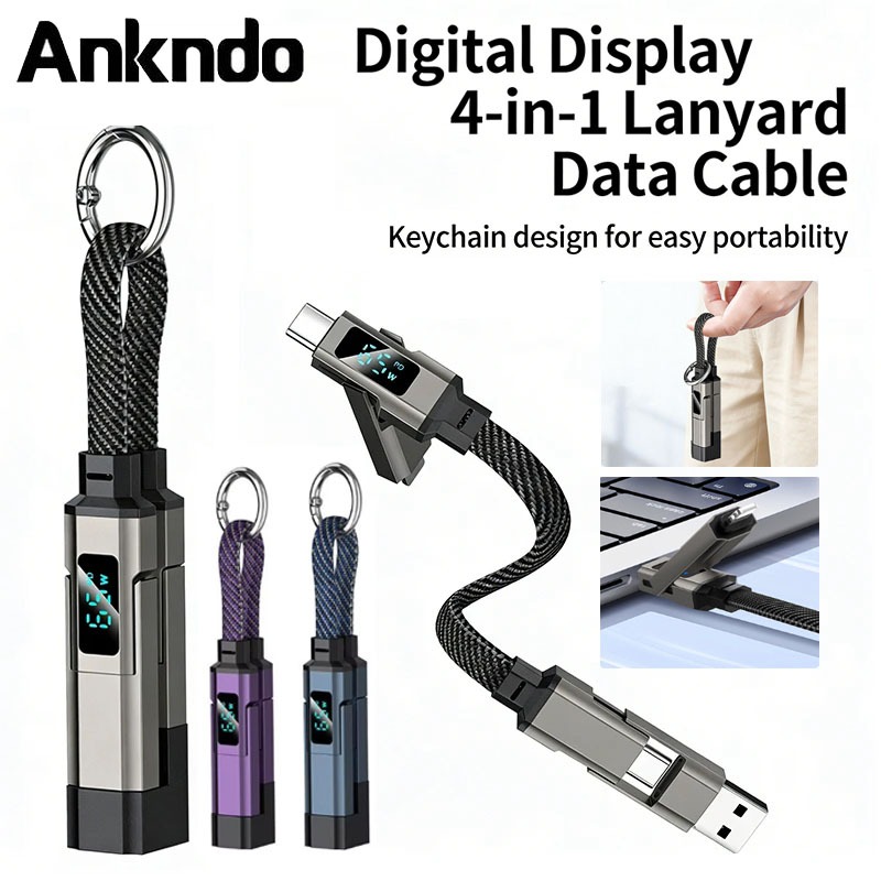 4-in-1 Lanyard Digital Display Fast CHARGING Data Cable Porta Transmissiom Fast CHARGING จอแสดงผลที่มีประสิทธิภาพสังกะสีอัลลอยด์ Multi Charger สายไฟ
