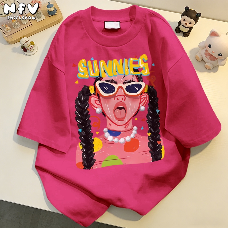 (ส่งด่วนกทม) NFV มาใหม่ เสื้อยืดแขนสั้น ผ้าฝ้ายแท้ใส่สบาย ไม่ต้องรีด สไตล์เกาหลี พิมพ์ลายกราฟฟิตี้สาวใส่แว่นสุด YG568