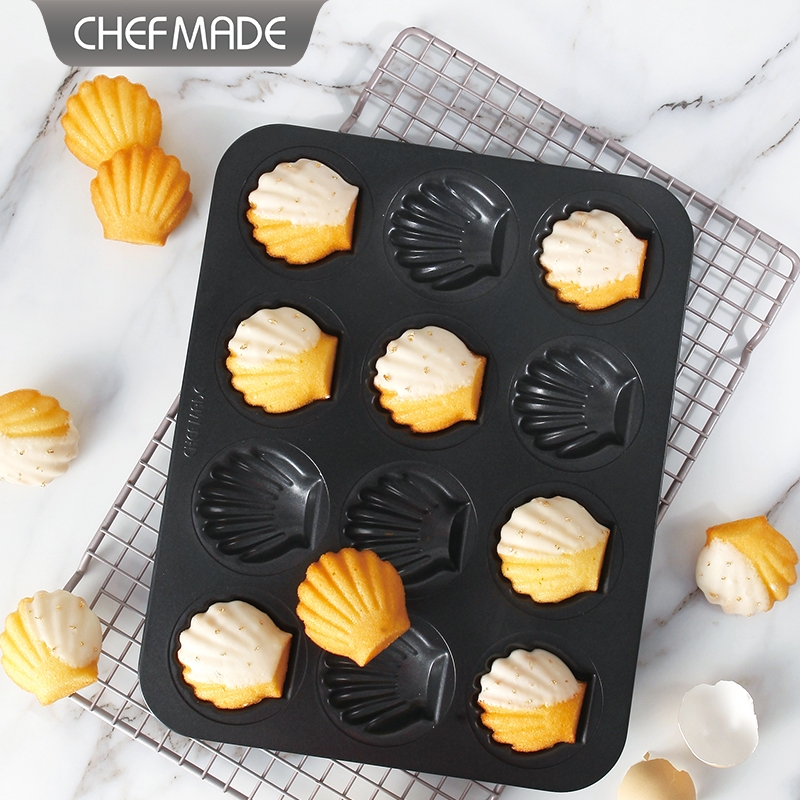 CHEFMADE 12 ถ้วย Non-stick Shell Madeleine เค้กกระทะเนยข้าวแม่พิมพ์เค้ก Nonstick Baking ถาดเตาอบปลอดภัย Bakeware WK9874