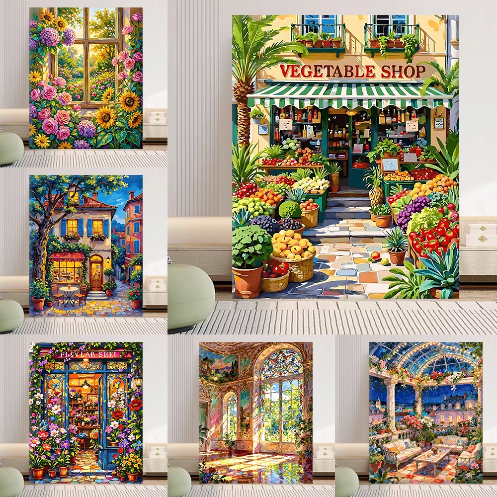 ร้านดอกไม้ / ระบายสีตามตัวเลข / ศิลปะผนัง / ภาพวาดผ้าใบ / ตกแต่งห้องนั่งเล่น / ตกแต่งบ้าน / วอลล์เปเปอร์